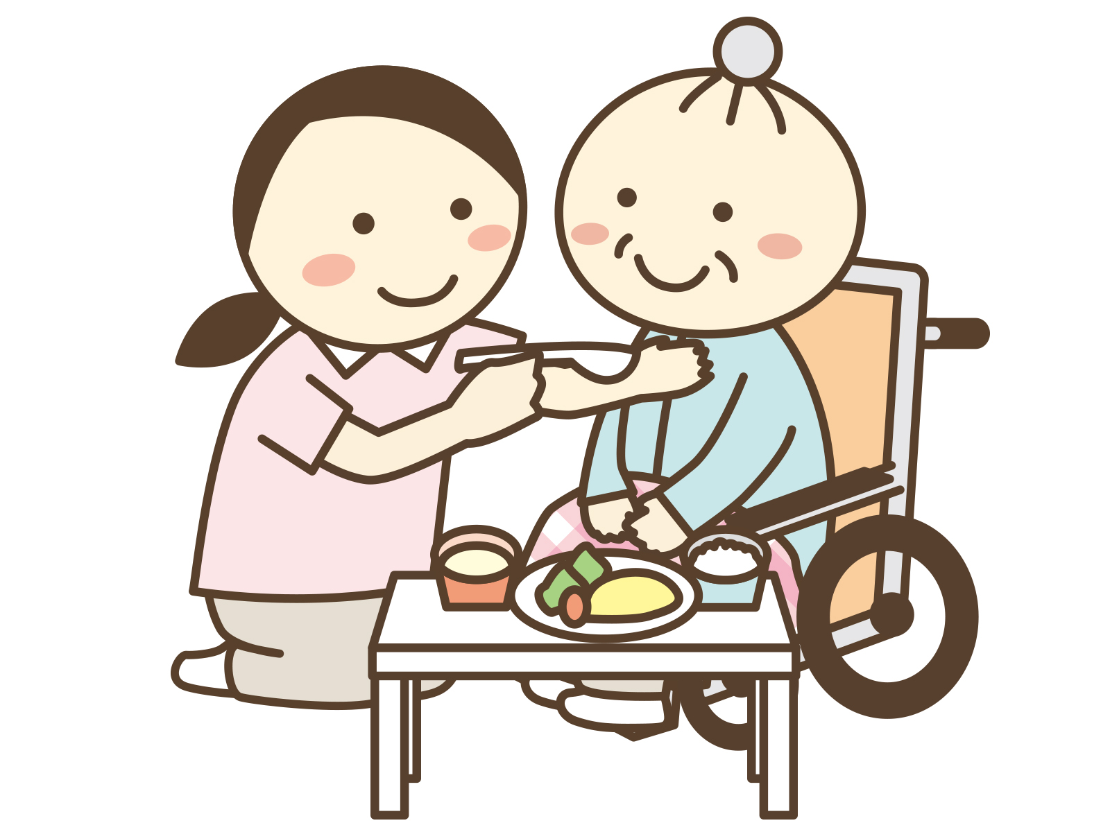 高齢者に食事の介助をする介護士のイラスト